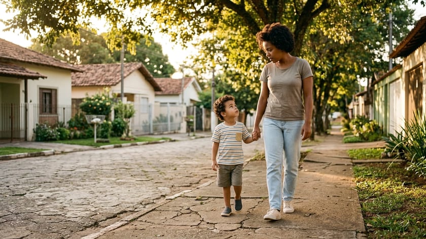 Mulher e menino de mãos dadas caminhando por uma calçada em rua de paralelepípedos.