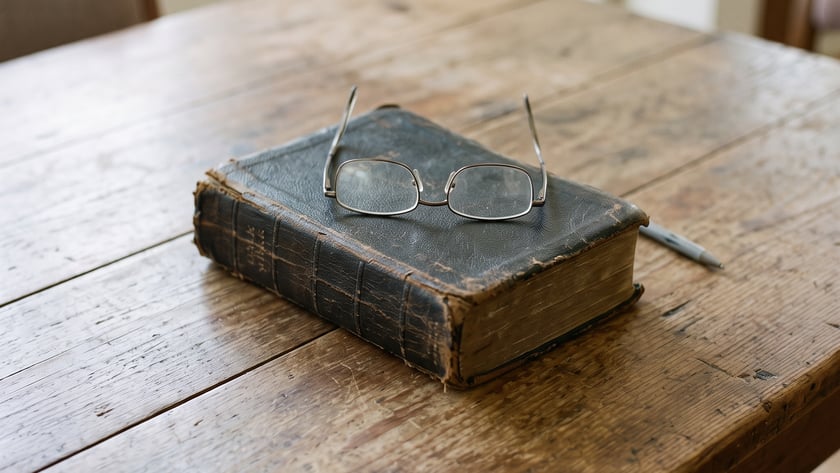 Óculos sobre um livro antigo de capa escura, em uma mesa de madeira rústica.