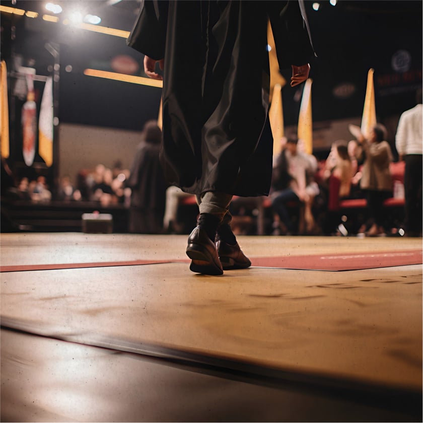 Pessoa de beca preta caminha em um palco de formatura diante da plateia desfocada.