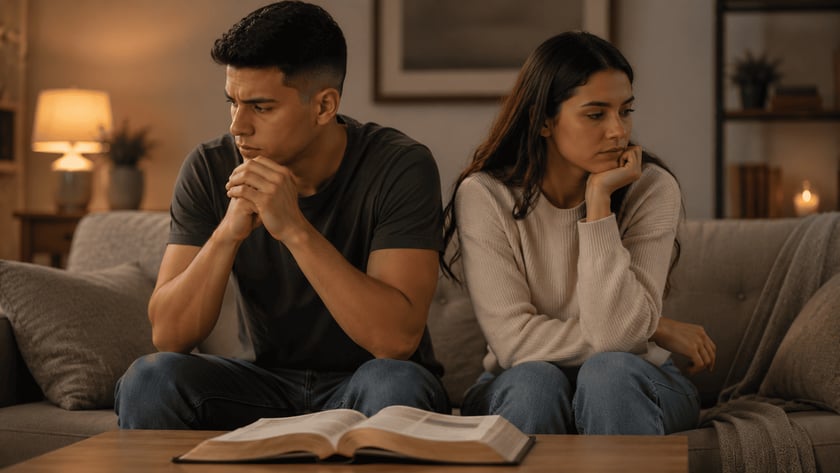 Homem e mulher sentados em um sofá, de costas um para o outro, com uma Bíblia aberta na mesa.