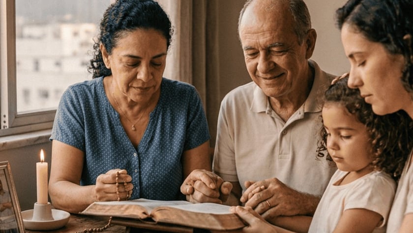 Família de três gerações reza junto à mesa, com Bíblia aberta, terço e vela.