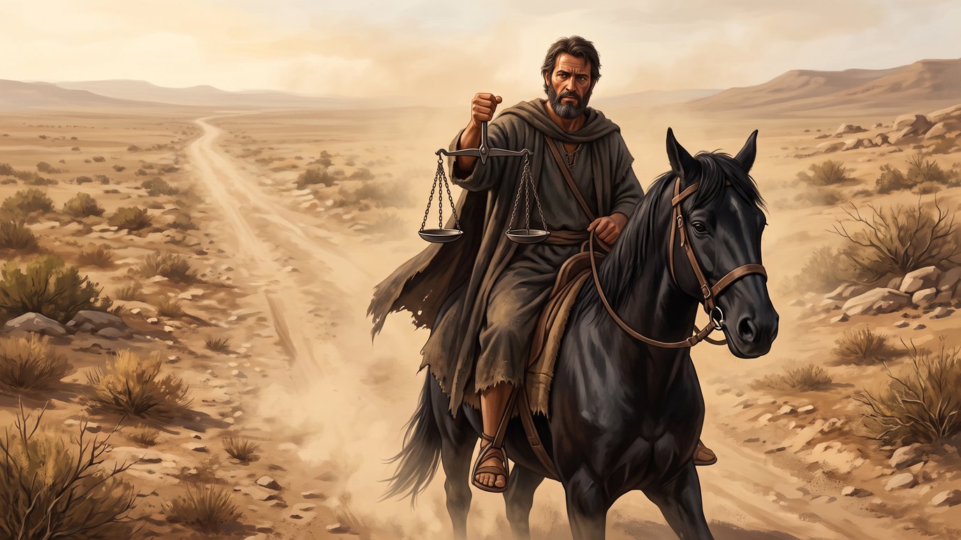 Homem de capa rasgada cavalga um cavalo preto por estrada de terra, segurando uma balança.