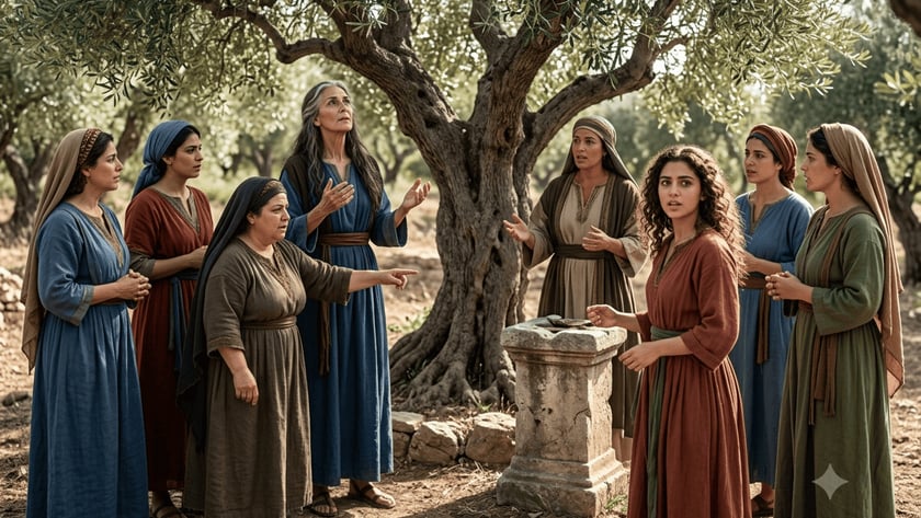 Seis mulheres de túnicas antigas conversam e gesticulam sob uma oliveira
