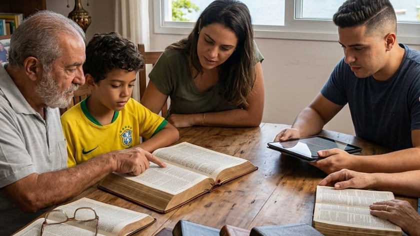Família de várias idades lê Bíblias em volta de uma mesa de madeira, com baía ao fundo.