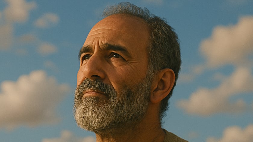 Homem de barba grisalha e túnica bege olha para o alto sob céu azul.