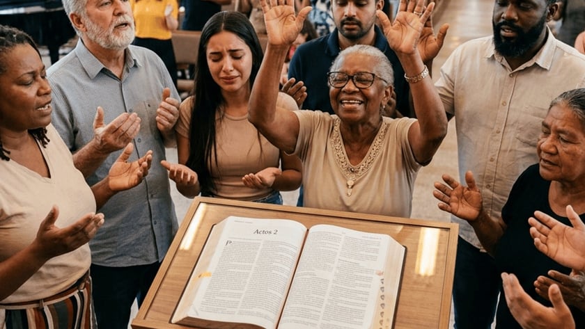 Fiéis de mãos erguidas oram diante de uma Bíblia aberta em igreja lotada: "Actos 2".