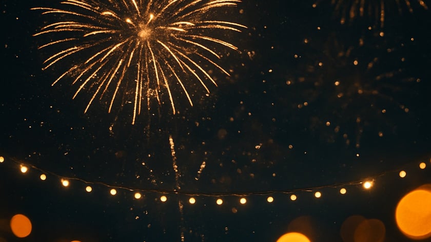 Fogos de artifício dourados explodem no céu noturno acima de um fio de luzes acesas.