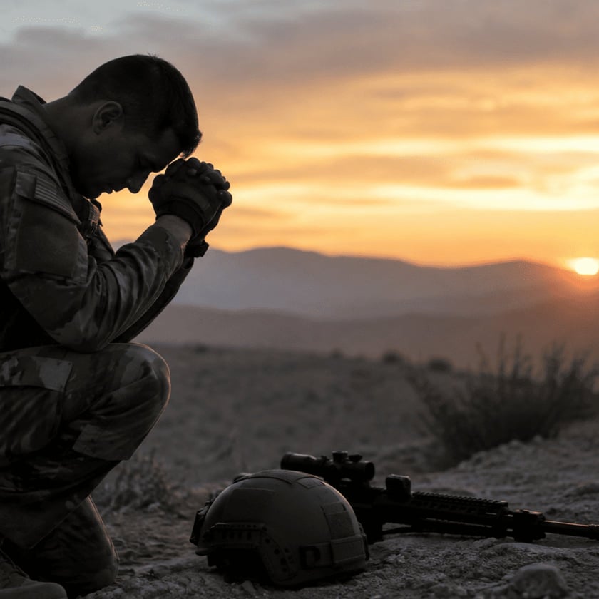 Soldado ajoelhado de cabeça baixa e mãos unidas, com capacete e fuzil no chão, ao pôr do sol.