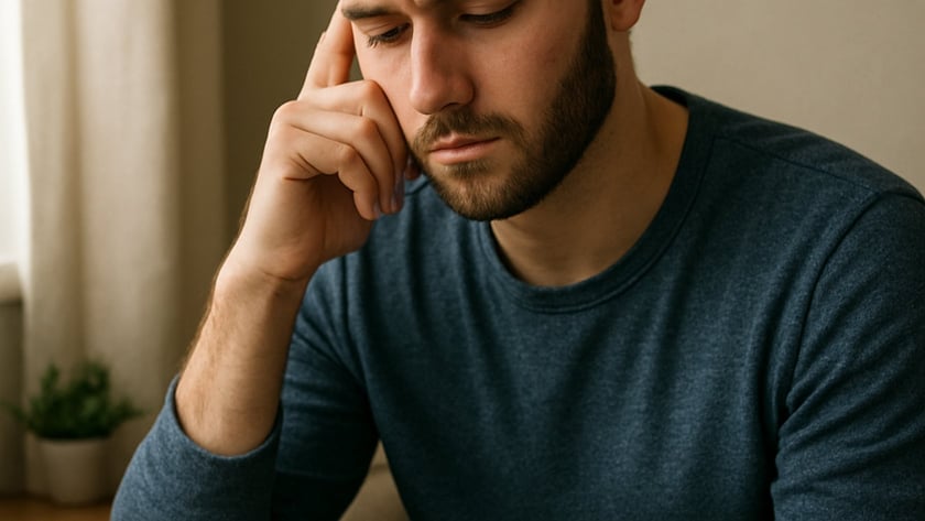 Homem barbado de camiseta azul com a mão no rosto olha um livro aberto.