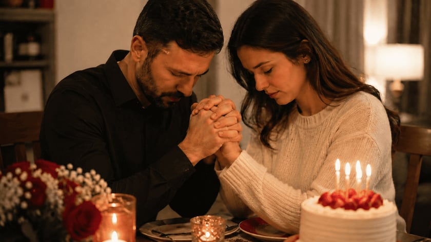 Casal de mãos dadas e cabeça baixa à mesa, com bolo de velas acesas.