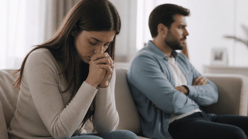 Mulher de cabeça baixa e mãos juntas, ao lado de homem de braços cruzados no sofá.