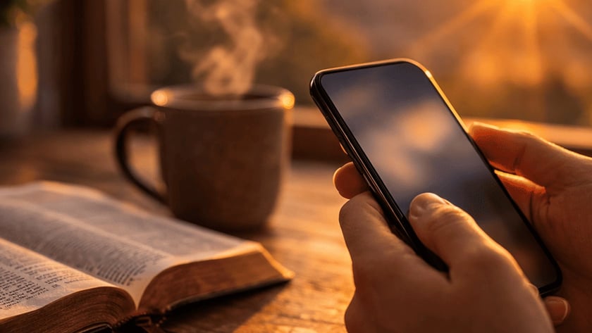 Mãos seguram um celular ao lado de uma Bíblia aberta e uma xícara fumegante.