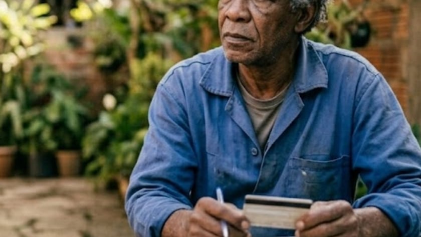 Homem de camisa azul sentado junto a uma mesa em um pátio com muitas plantas.